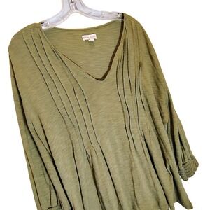 Knox Rose Womens Large Olive Green Pintuck V-Neck 3/4 Sleeve Boho Top Blouse